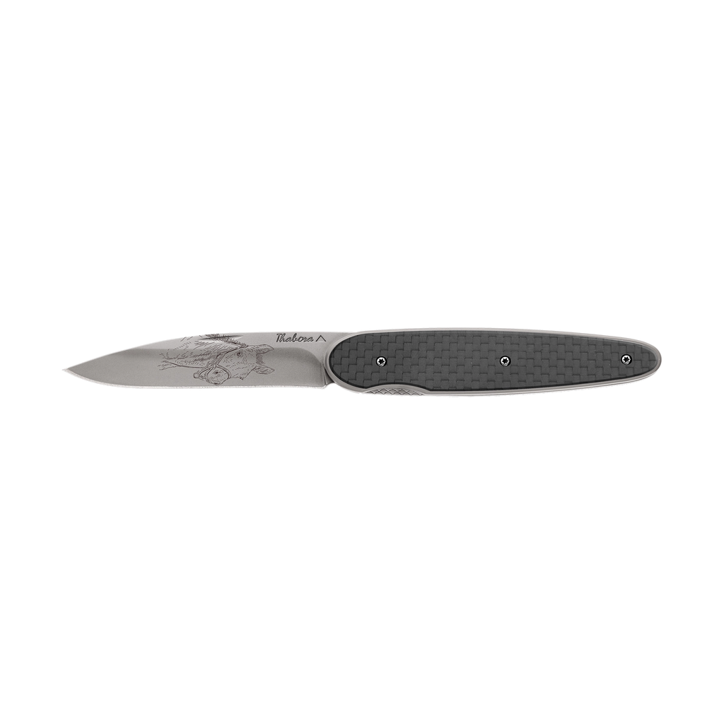 Couteau acier finition titane gris plaquette pleine carbone motif pou ...