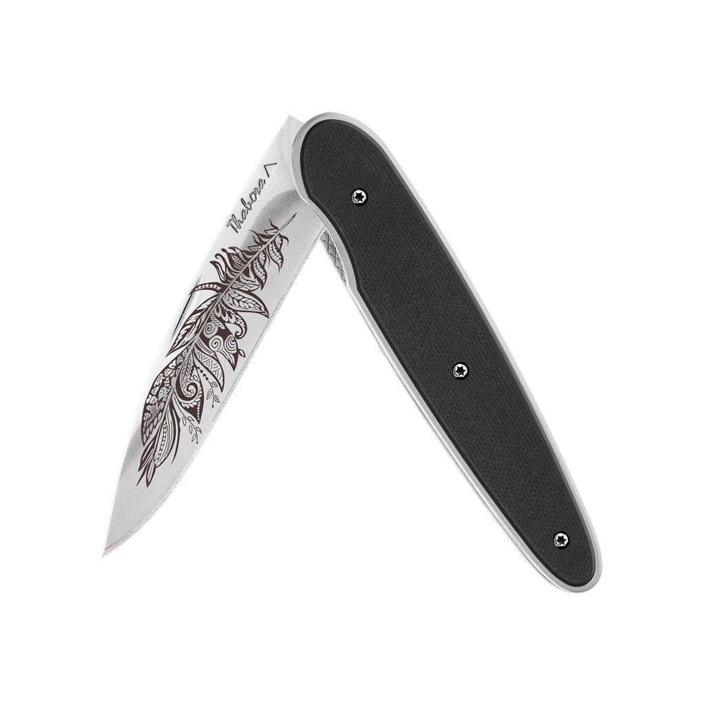 Couteau acier finition titane noir plaquette centrale résine g10 kaki motif «voilier»