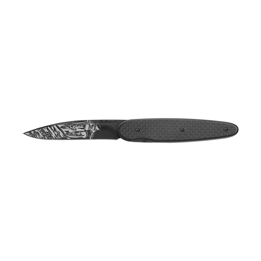 Couteau acier finition titane noir plaquette pleine carbone motif «motocross»