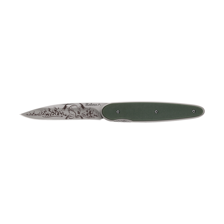 Couteau acier finition titane gris plaquette pleine résine g10 kaki motif «pompier»