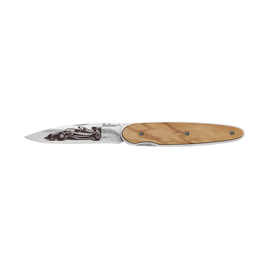 Couteau acier finition brillante plaquette pleine bois clair motif «formule 1»