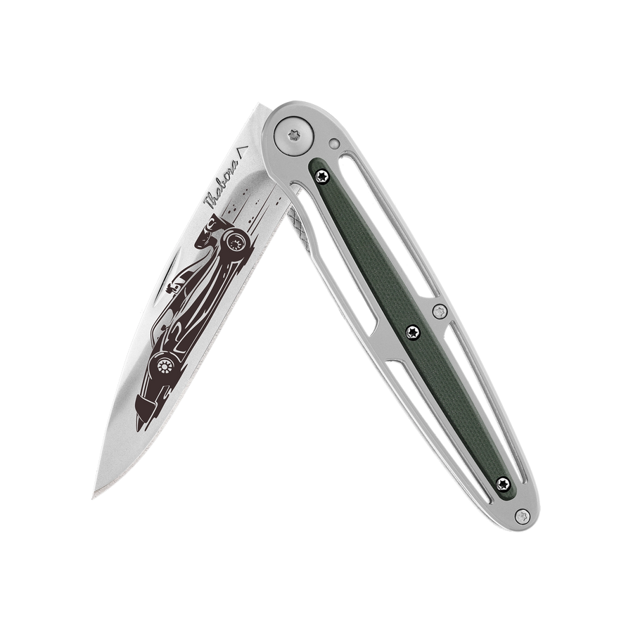 Couteau acier finition brillante plaquette centrale résine g10 kaki motif «formule 1»