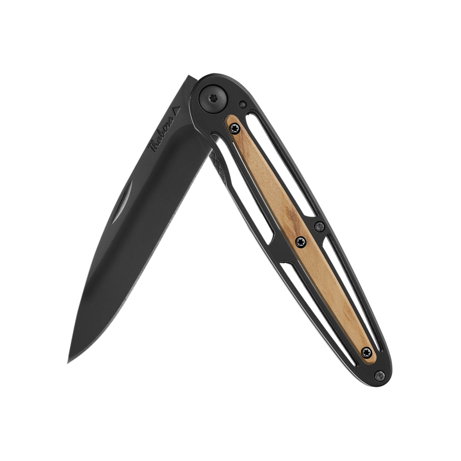 Couteau acier finition titane noir plaquette centrale bois clair