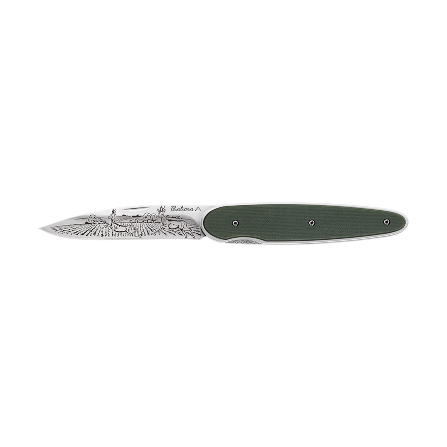 Couteau acier finition brillante plaquette pleine résine g10 kaki motif «chevreuil»