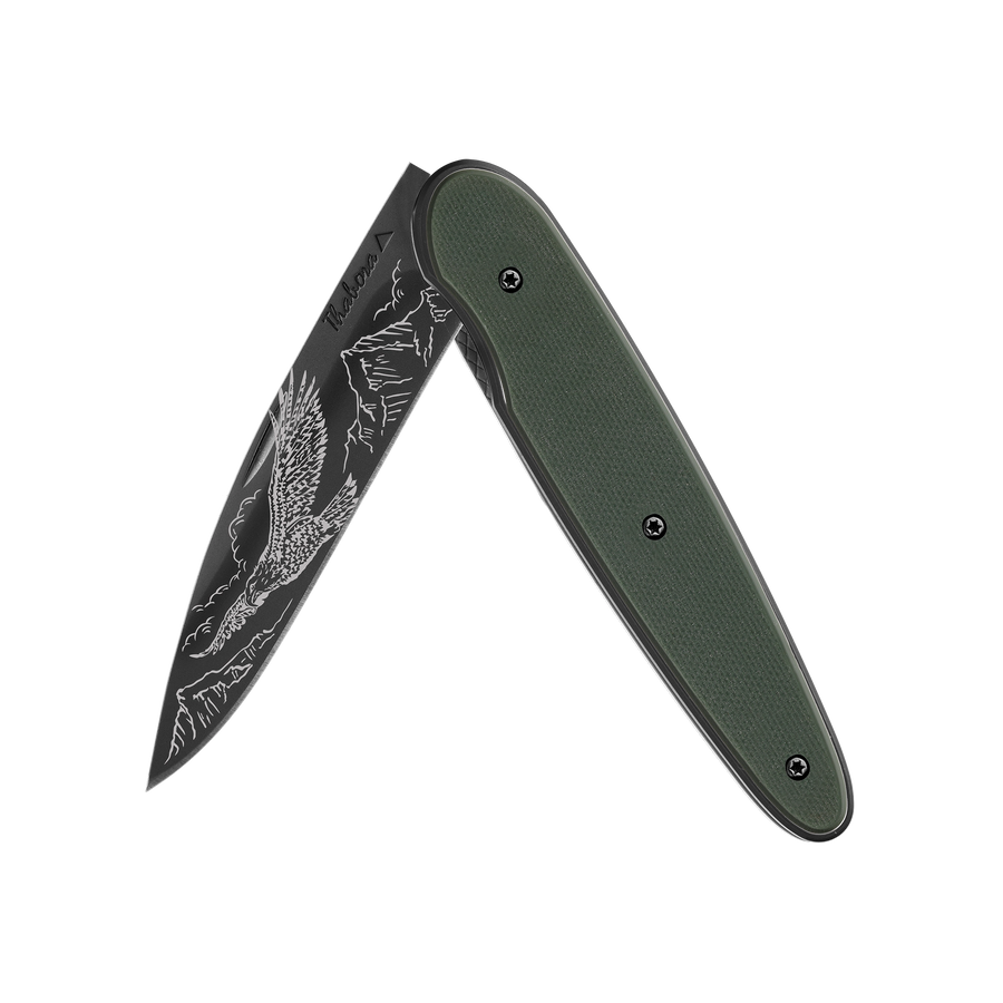 Couteau acier finition titane noir plaquette pleine résine g10 kaki motif «aigle»
