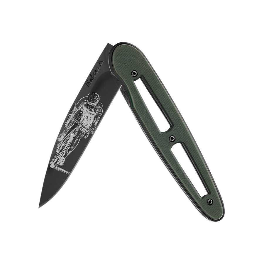 Couteau acier finition titane noir plaquette ajourée résine g10 kaki motif «cycliste»