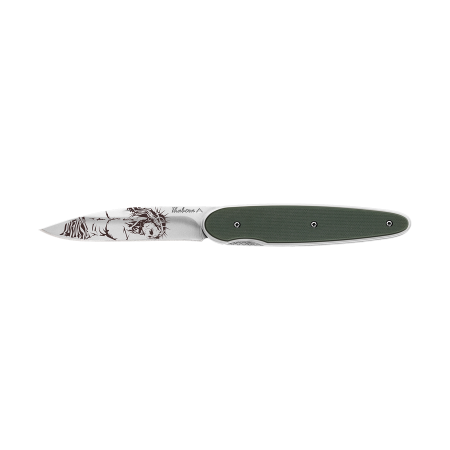 Couteau acier finition brillante plaquette pleine résine g10 kaki motif «christ»