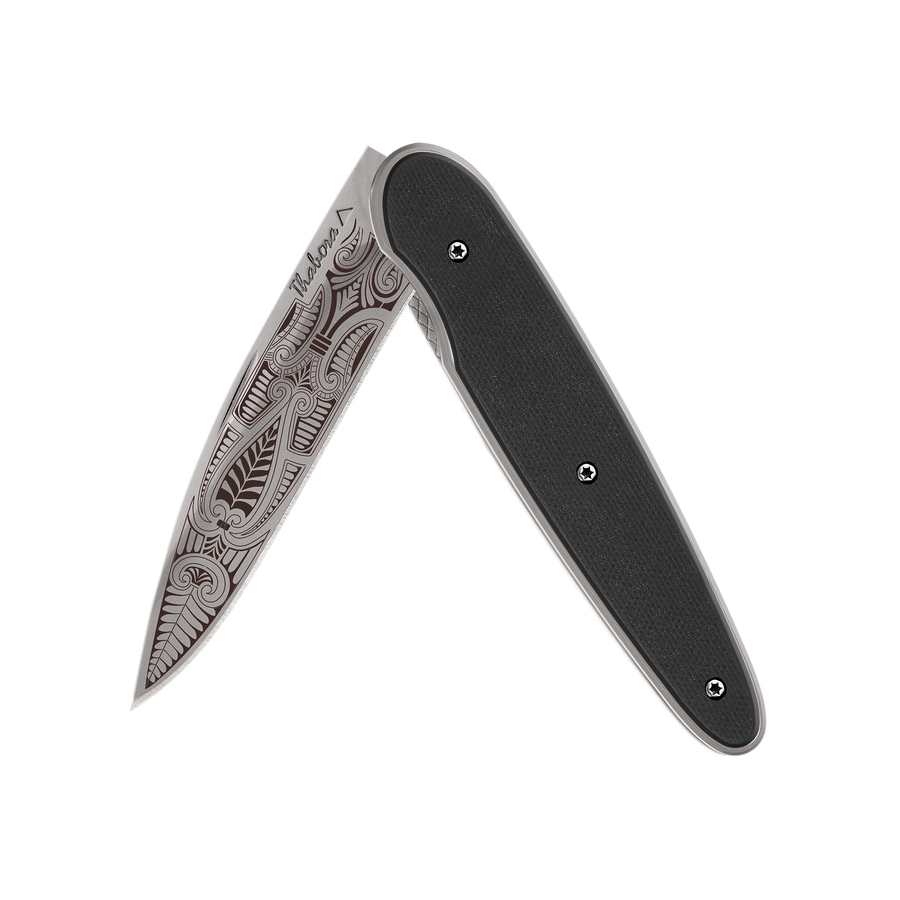 Couteau acier finition titane gris plaquette pleine résine g10 noir motif «cachemire»