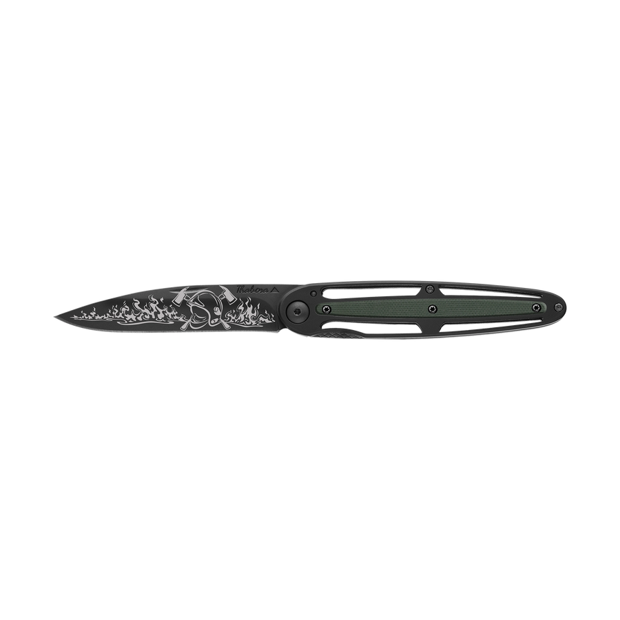 Couteau acier finition titane noir plaquette centrale résine g10 kaki motif «pompier»