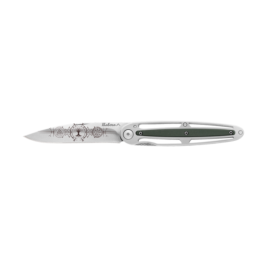 Couteau acier finition brillante plaquette centrale résine g10 kaki motif «runes viking»