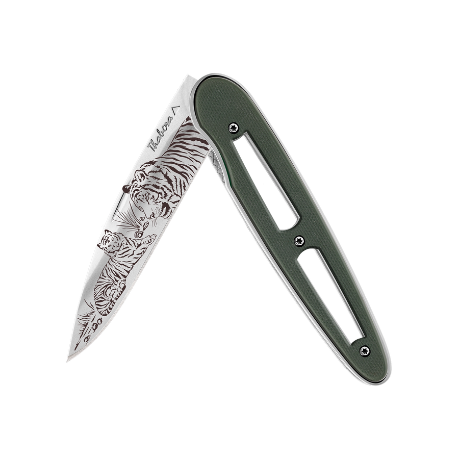 Couteau acier finition brillante plaquette ajourée résine g10 kaki motif «tigres»