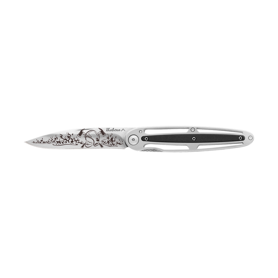 Couteau acier finition brillante plaquette centrale résine g10 noir motif «pompier»