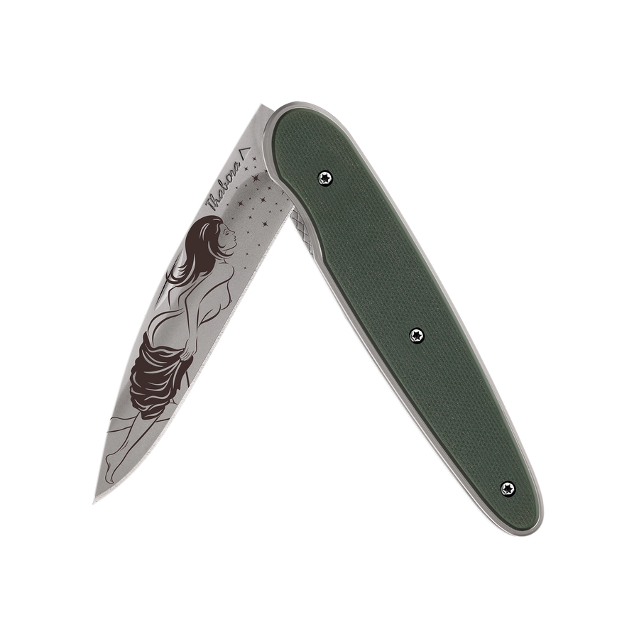 Couteau acier finition titane gris plaquette pleine résine g10 kaki motif «femme dénudée»