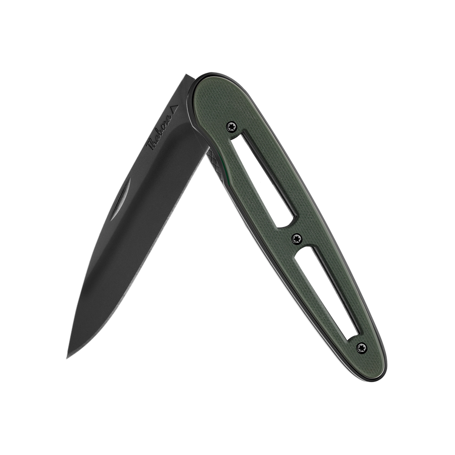 Couteau acier finition titane noir plaquette ajourée résine g10 kaki