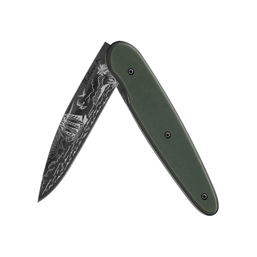 Couteau acier finition titane noir plaquette pleine résine g10 kaki motif «voilier»