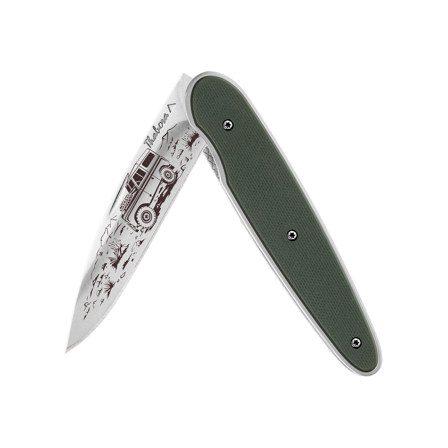 Couteau acier finition brillante plaquette pleine résine g10 kaki motif «4x4»