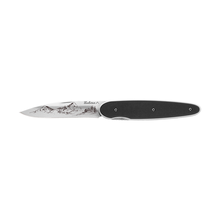 Couteau acier finition brillante plaquette pleine résine g10 noir motif «montagne»