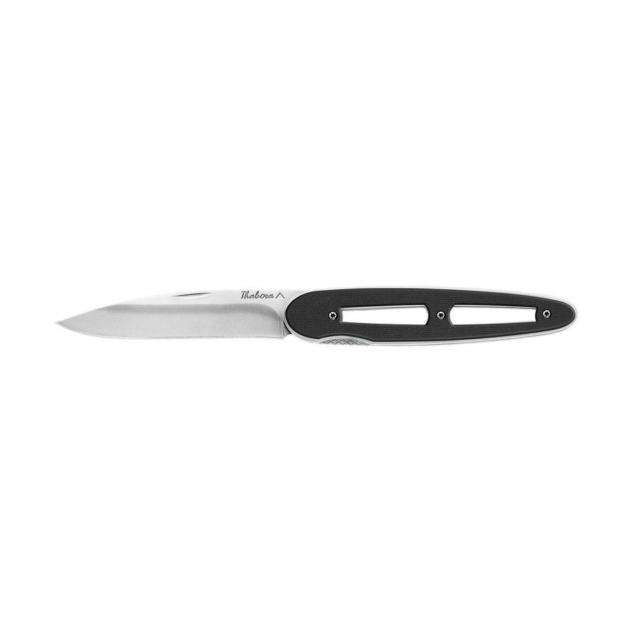 Couteau acier finition brillante plaquette ajourée résine g10 noir