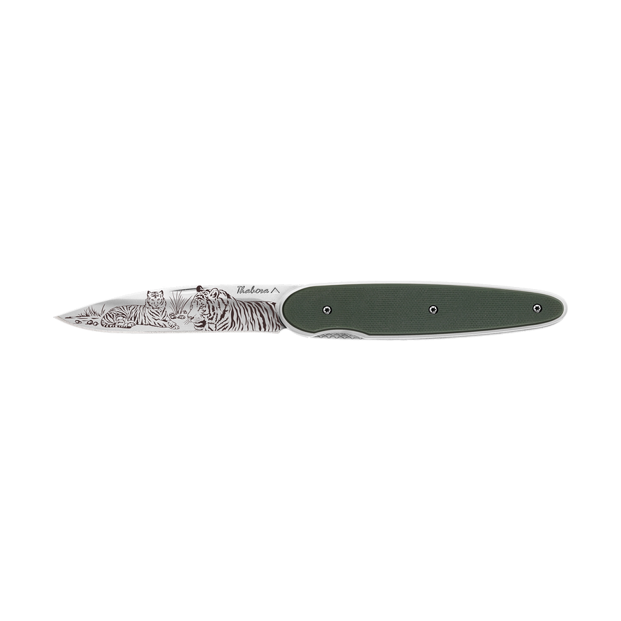 Couteau acier finition brillante plaquette pleine résine g10 kaki motif «tigres»