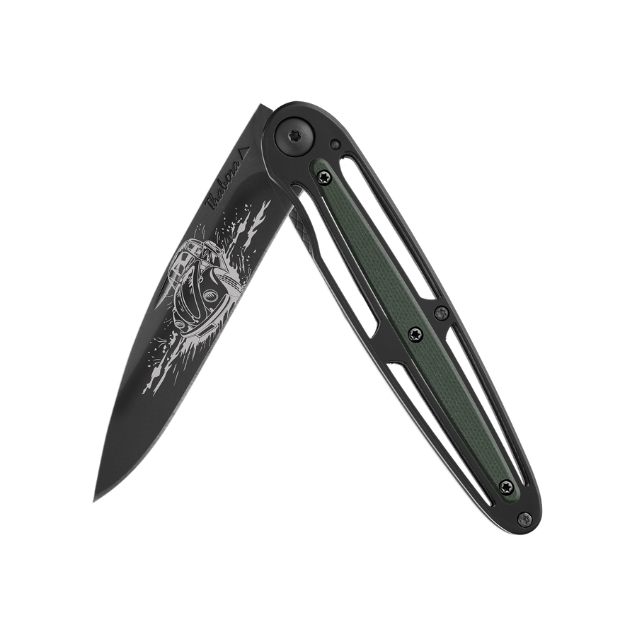 Couteau acier finition titane noir plaquette centrale résine g10 kaki motif «voiture rétro»