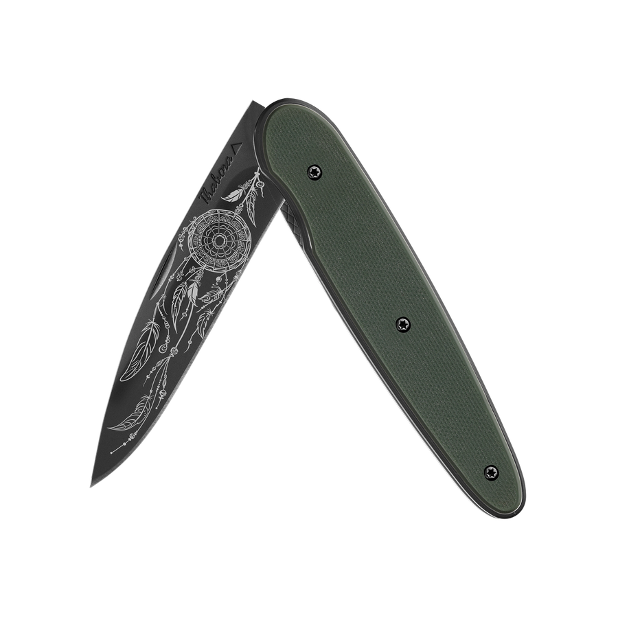 Couteau acier finition titane noir plaquette pleine résine g10 kaki motif «attrape rêves»