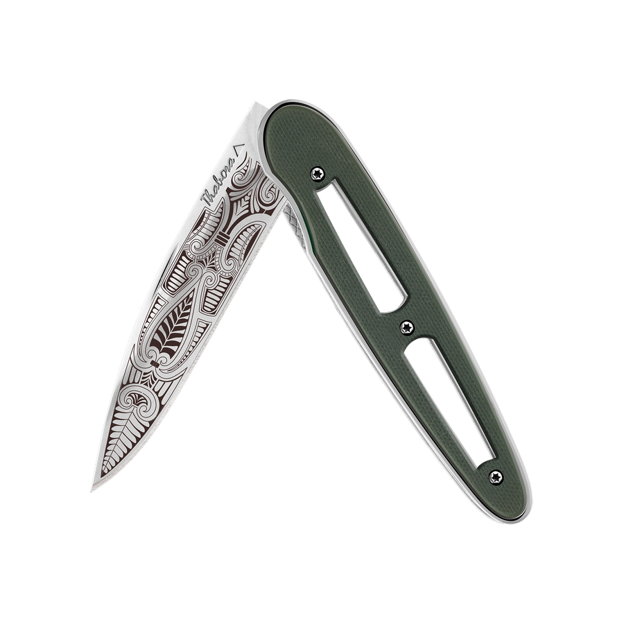 Couteau acier finition brillante plaquette ajourée résine g10 kaki motif «cachemire»