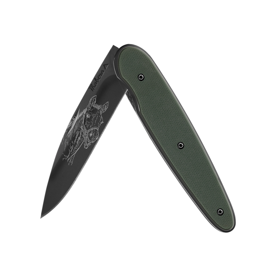 Couteau acier finition titane noir plaquette pleine résine g10 kaki motif «poulain»