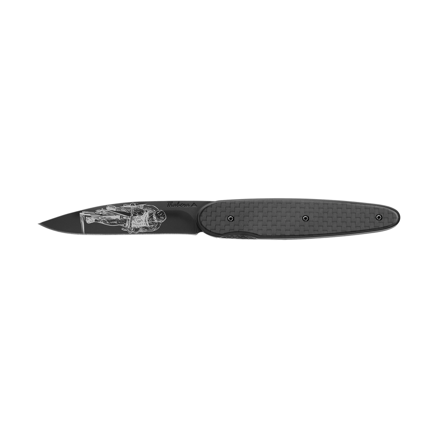 Couteau acier finition titane noir plaquette pleine carbone motif «cycliste»