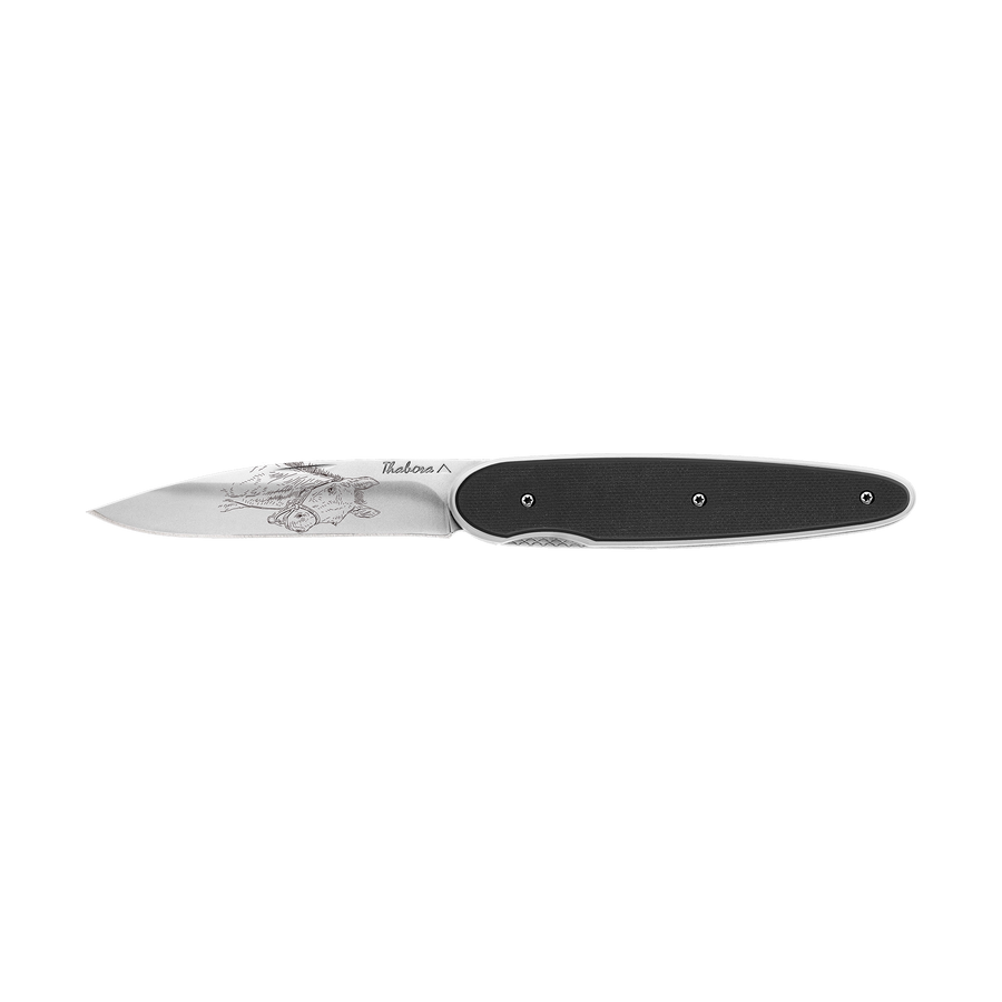 Couteau acier finition brillante plaquette pleine résine g10 noir motif «poulain»