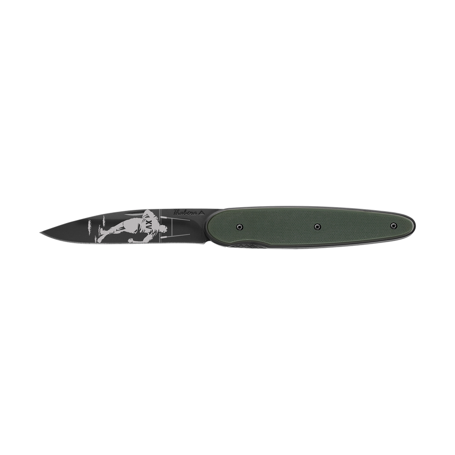 Couteau acier finition titane noir plaquette pleine résine g10 kaki motif «rugby»