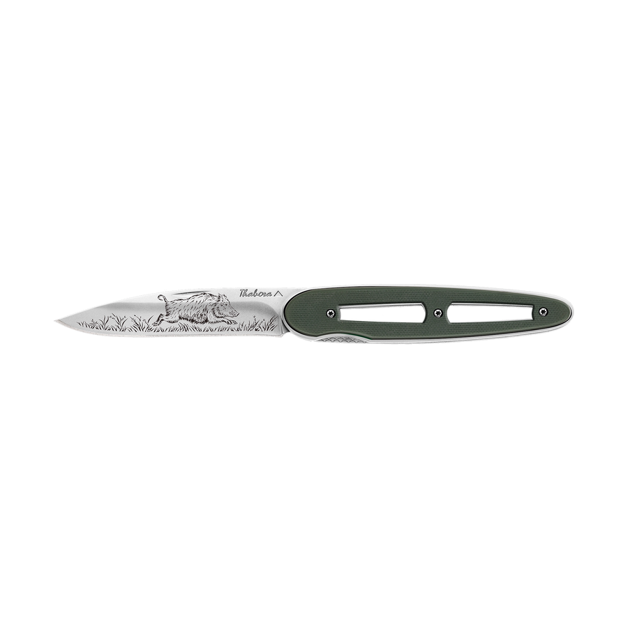 Couteau acier finition brillante plaquette ajourée résine g10 kaki motif «sanglier»