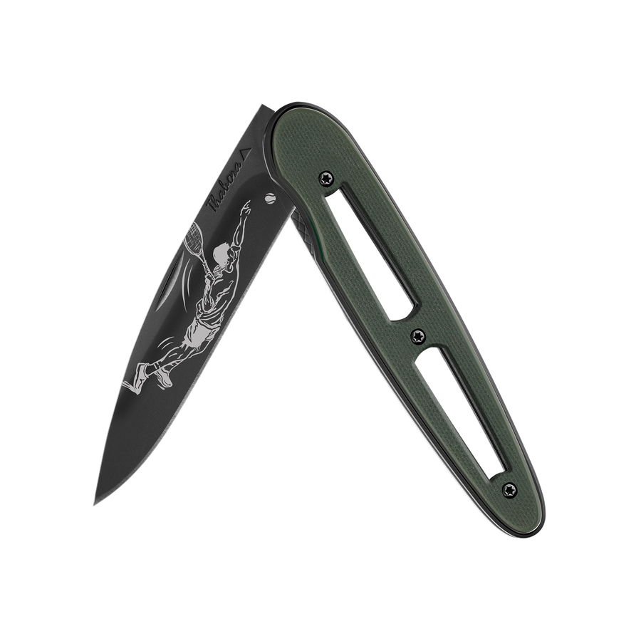 Couteau acier finition titane noir plaquette ajourée résine g10 kaki motif «tennisman»