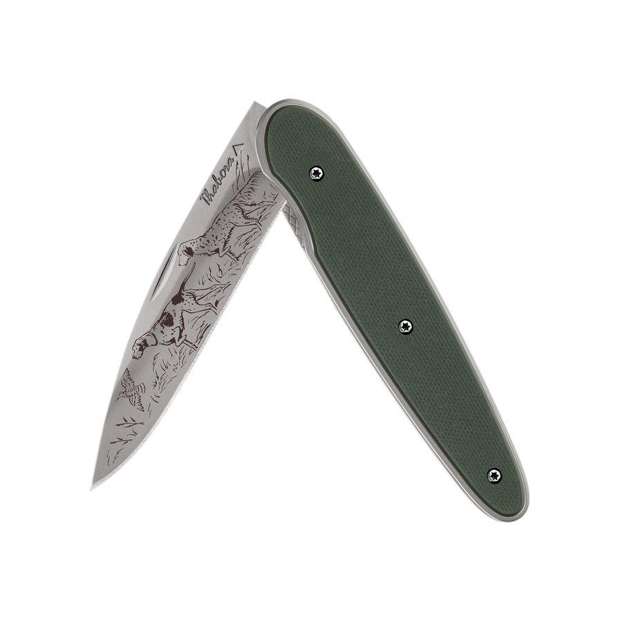 Couteau acier finition titane gris plaquette pleine résine g10 kaki motif «chiens d'arrêt»