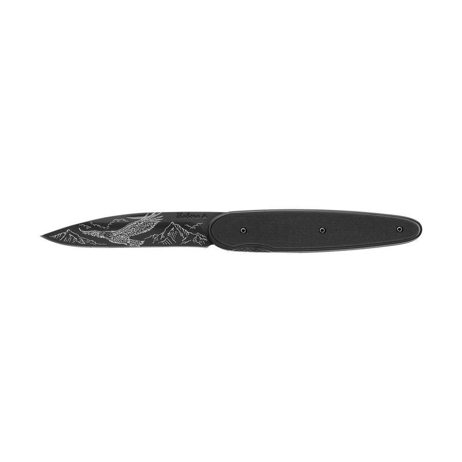 Couteau acier finition titane noir plaquette pleine résine g10 noir motif «aigle»