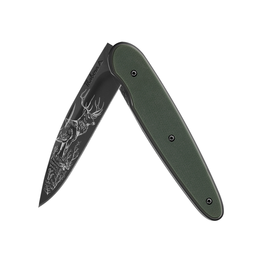 Couteau acier finition titane noir plaquette pleine résine g10 kaki motif «cerf»