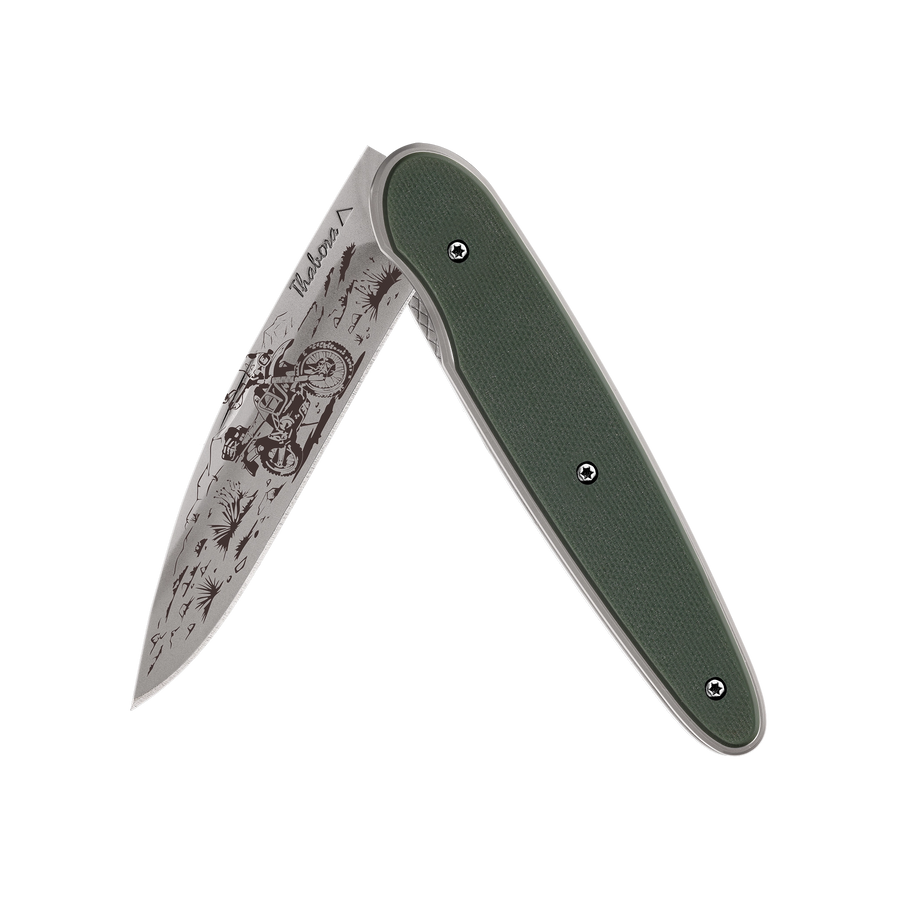 Couteau acier finition titane gris plaquette pleine résine g10 kaki motif «trail»