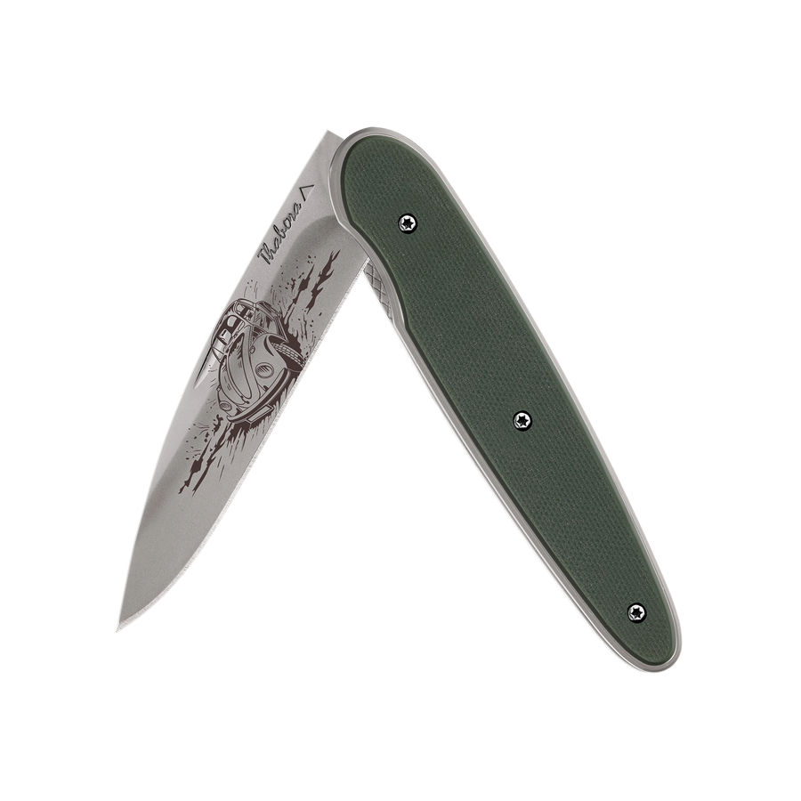 Couteau acier finition titane gris plaquette pleine résine g10 kaki motif «voiture rétro»
