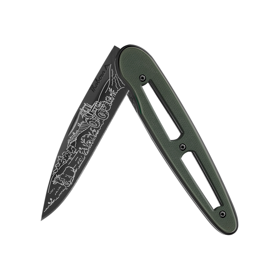 Couteau acier finition titane noir plaquette ajourée résine g10 kaki motif «campagne»
