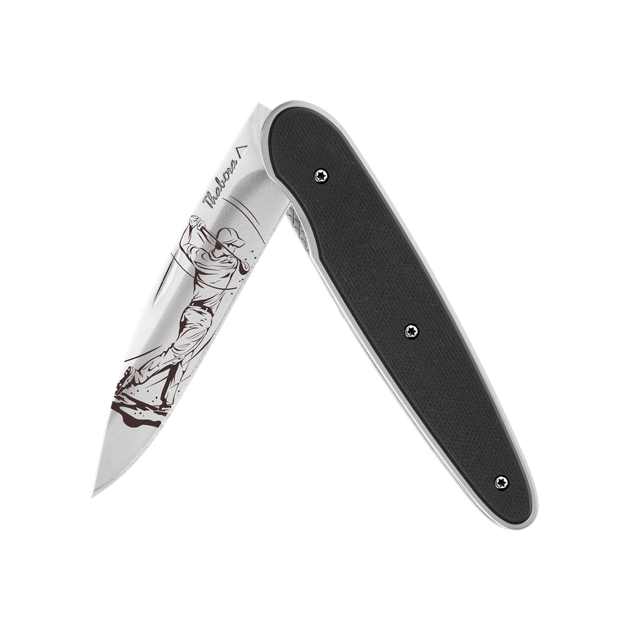 Couteau acier finition brillante plaquette pleine résine g10 noir motif «golfeur»