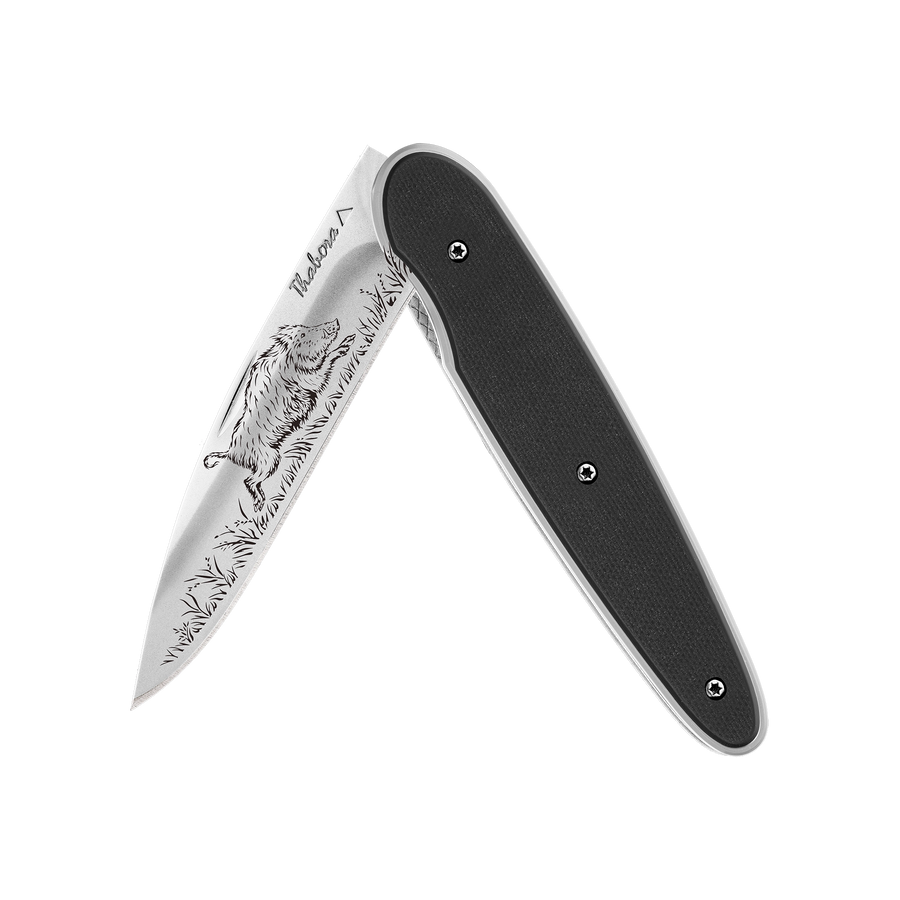 Couteau acier finition brillante plaquette pleine résine g10 noir motif «sanglier»