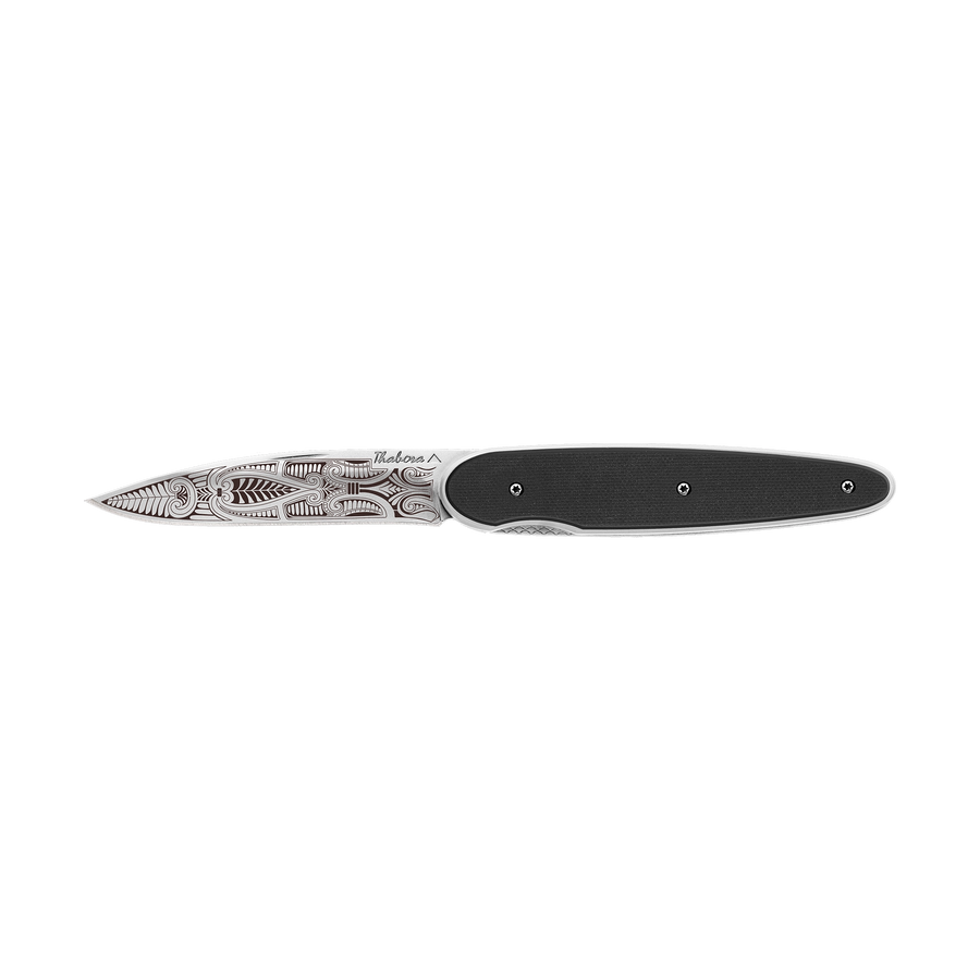 Couteau acier finition brillante plaquette pleine résine g10 noir motif «cachemire»