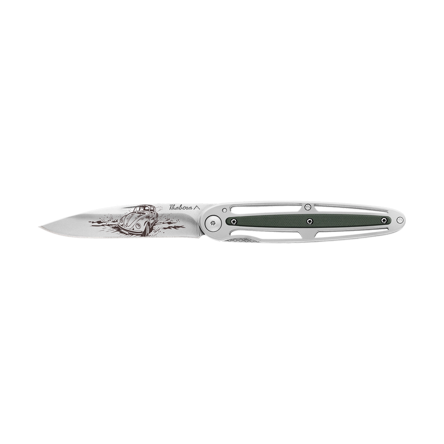 Couteau acier finition brillante plaquette centrale résine g10 kaki motif «voiture rétro»