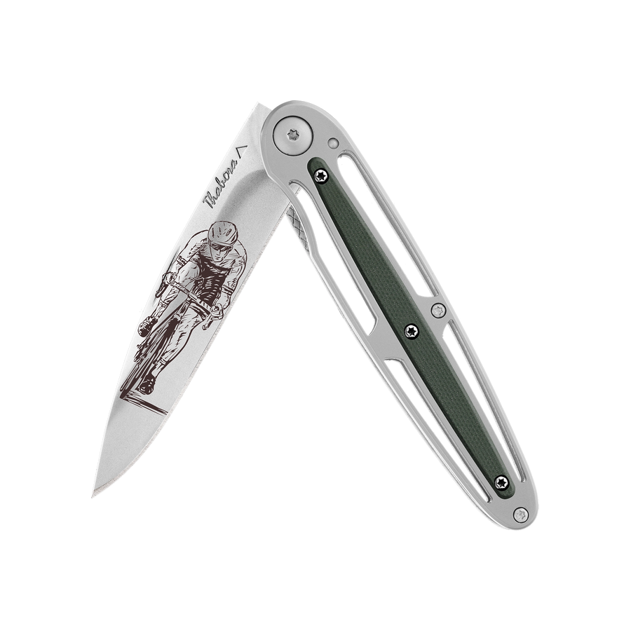 Couteau acier finition brillante plaquette centrale résine g10 kaki motif «cycliste»
