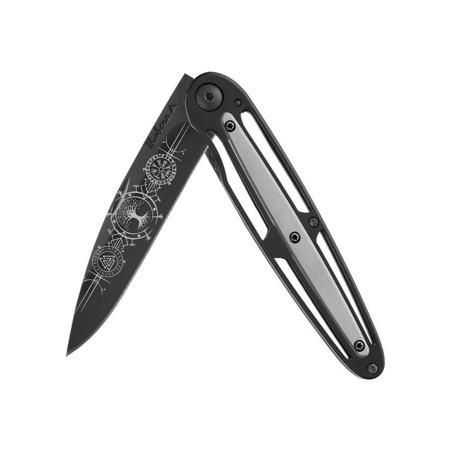 Couteau acier finition titane noir plaquette centrale acier brossé motif «runes viking»