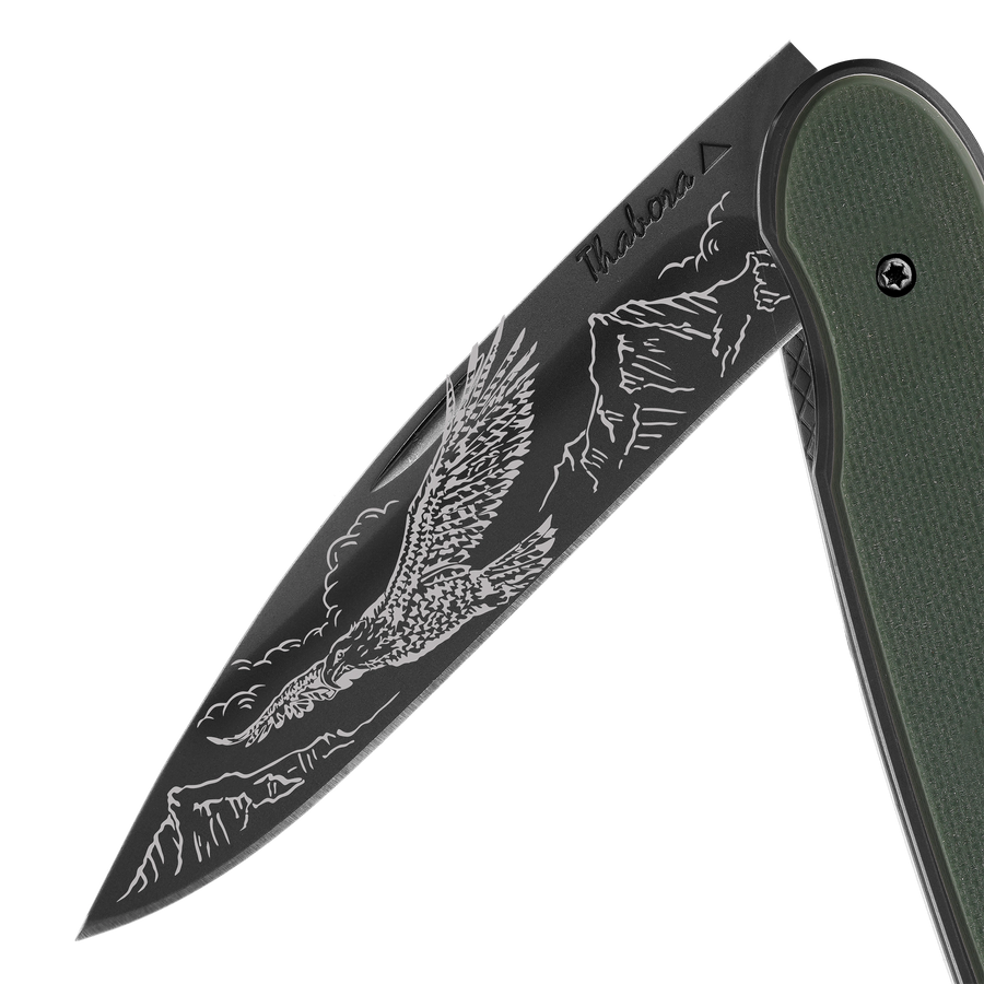 Couteau acier finition titane noir plaquette pleine résine g10 kaki motif «aigle»