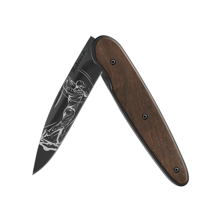 Couteau acier finition titane noir plaquette pleine bois foncé motif «golfeur»