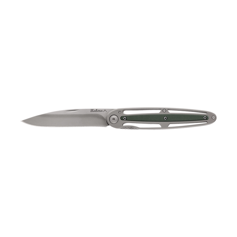 Couteau acier finition titane gris plaquette centrale résine g10 kaki
