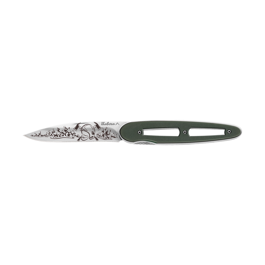 Couteau acier finition brillante plaquette ajourée résine g10 kaki motif «pompier»