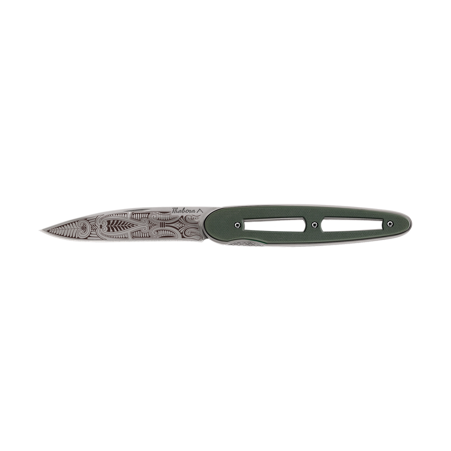 Couteau acier finition titane gris plaquette ajourée résine g10 kaki motif «cachemire»