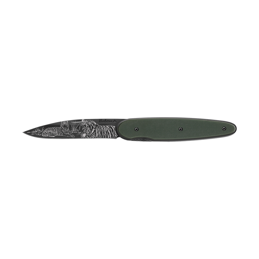 Couteau acier finition titane noir plaquette pleine résine g10 kaki motif «tigres»